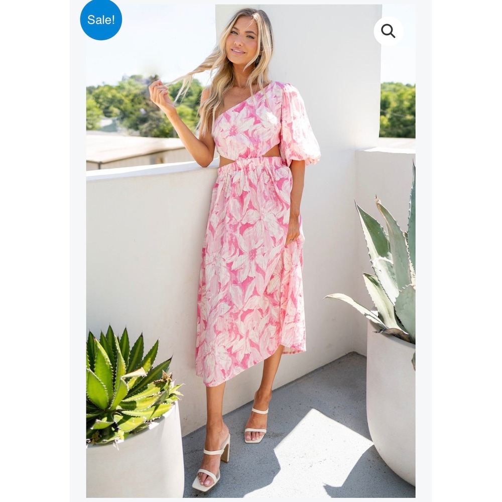 Olivaceous One Shoulder Floral Cutout Midi Dress Womens Large Pink